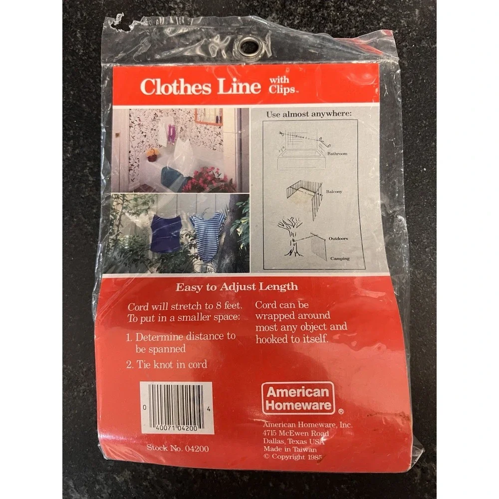 New Old Stock Indoor Outdoor Clothes Line W/Clips Stretch‎ 8ft American Homeware